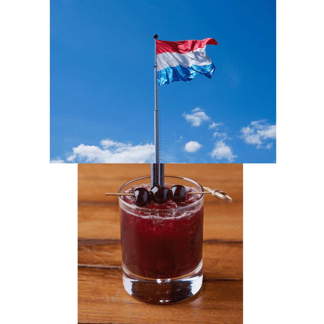 Cocktail glass with a straw that becomes a Luxemburgish flag