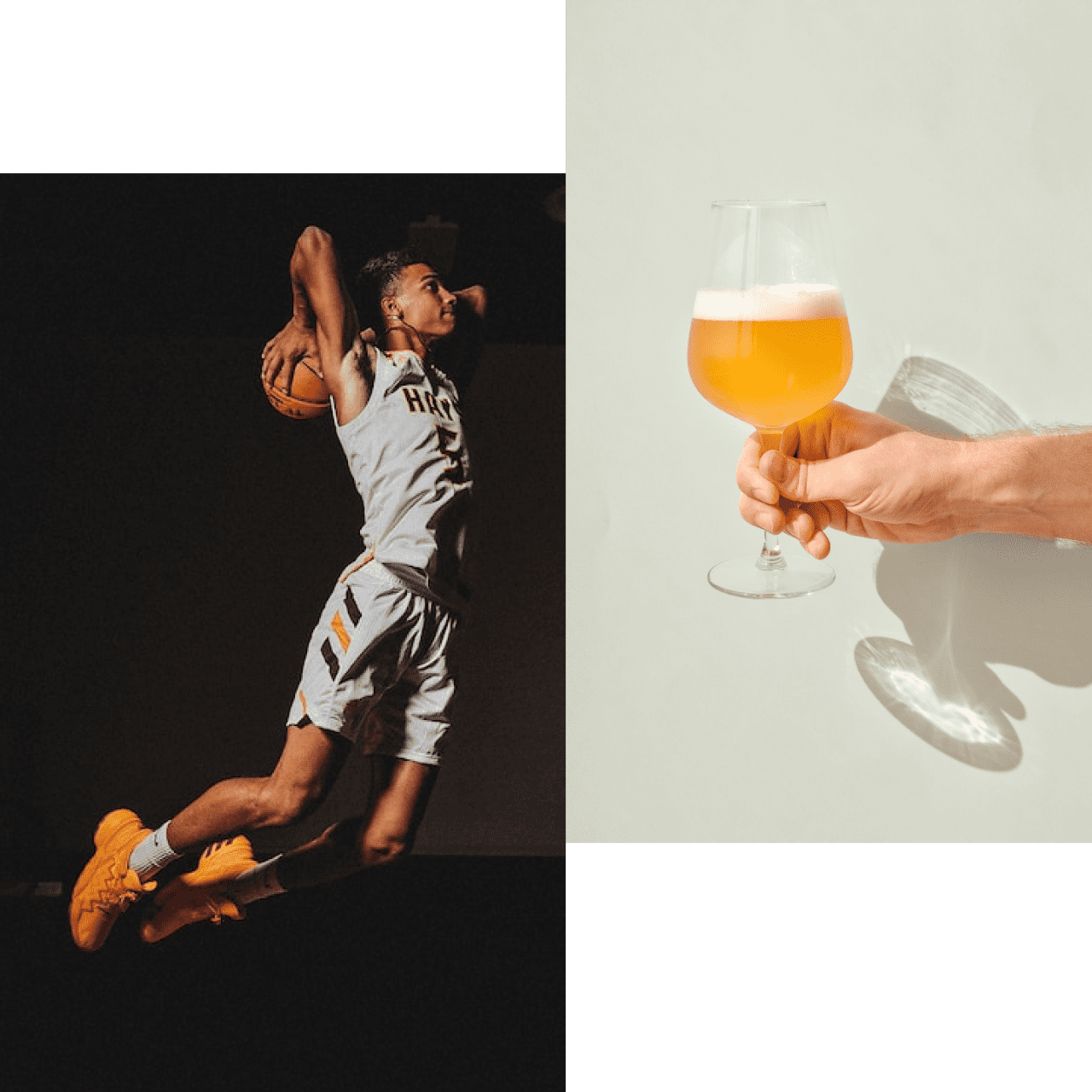 A basketball player dunking inside a glass of beer